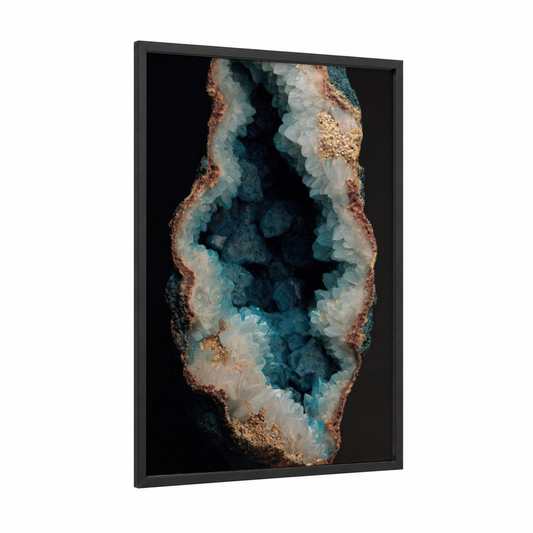 Teal Geode Cross-Section framed natural stones print — black wood frame — teal and gold palette