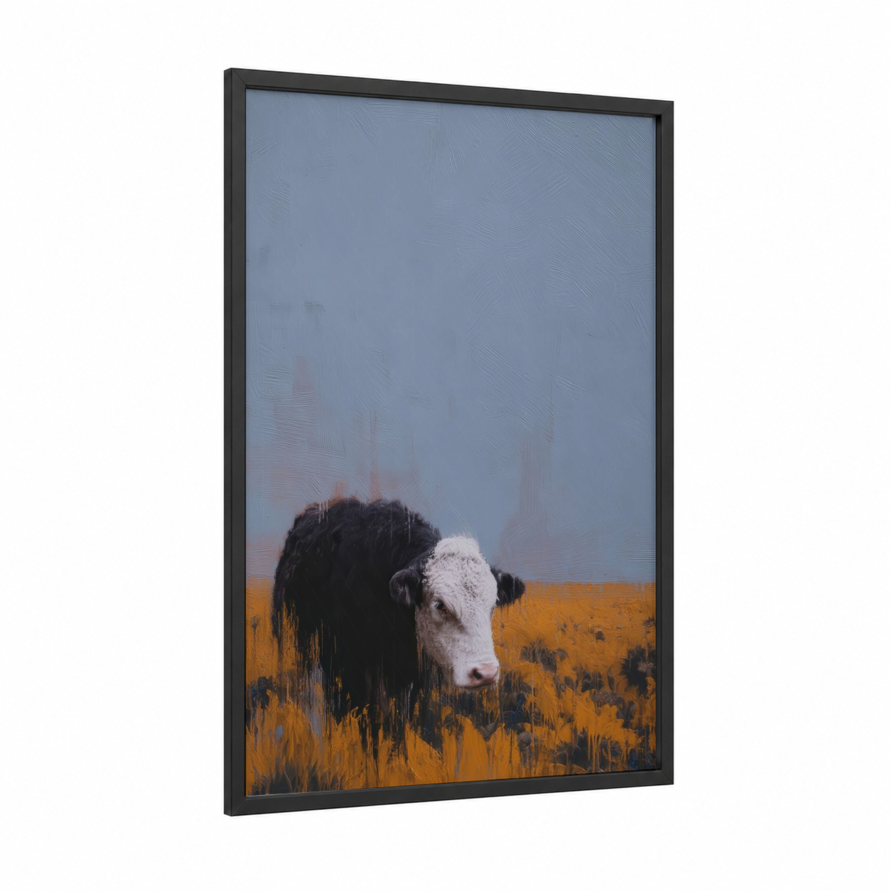Misty Angus Cow framed art print — black wood frame — blue and gold and black and white palette