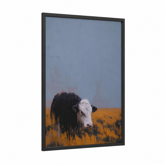 Misty Angus Cow framed art print — black wood frame — blue and gold and black and white palette