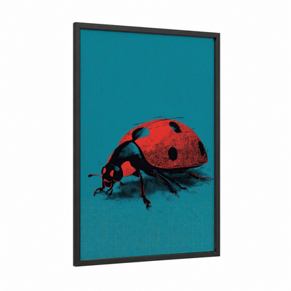 Crimson Ladybug framed art print — black wood frame — teal and red palette