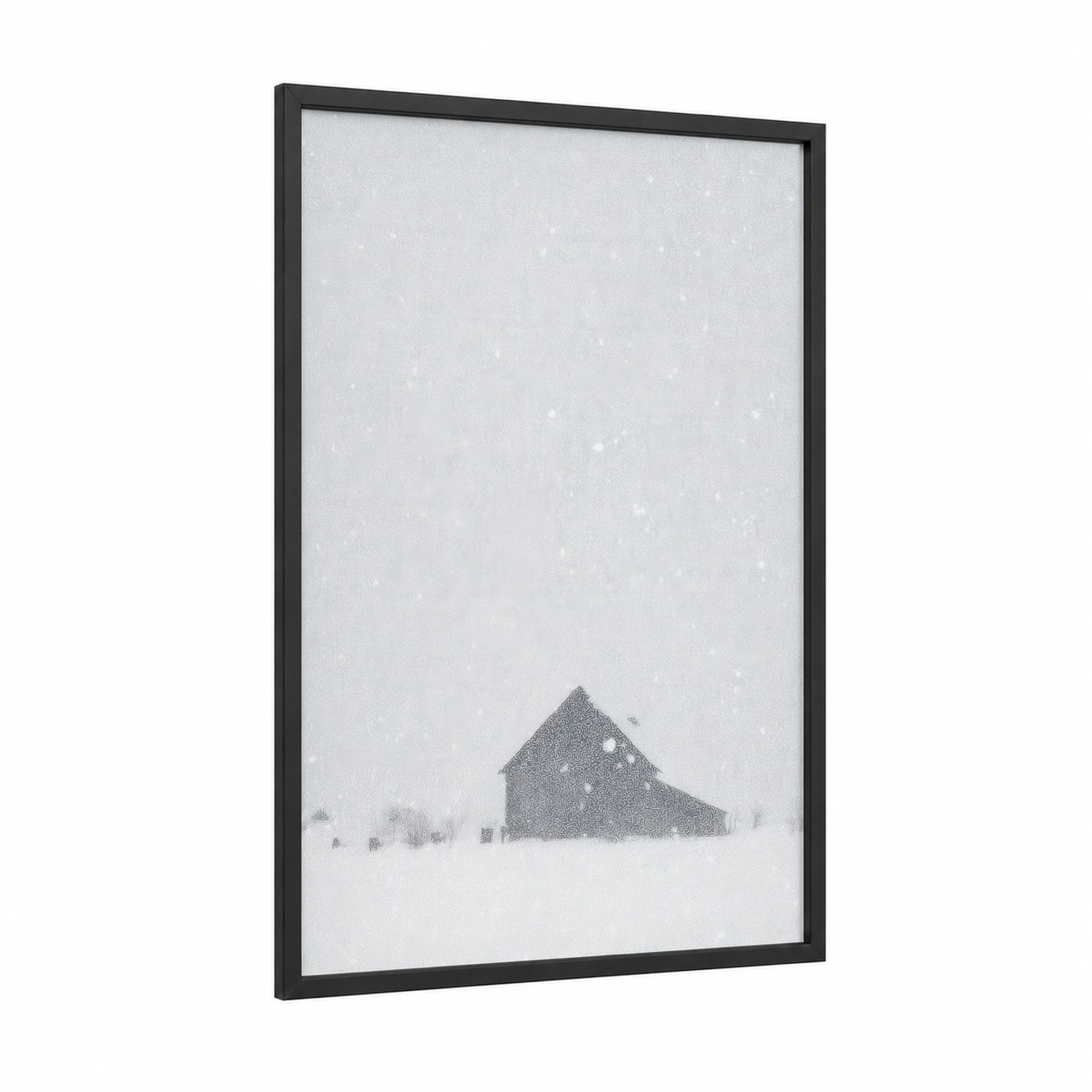Snowy Barn Solitude framed art print — black wood frame — black and white palette