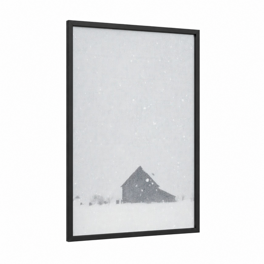 Snowy Barn Solitude framed art print — black wood frame — black and white palette