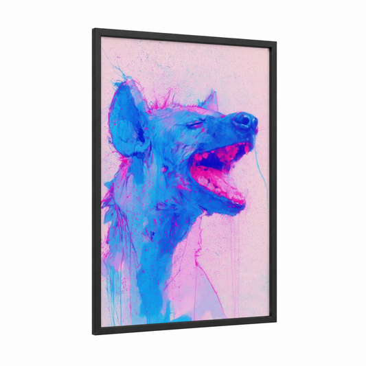 Neon Hyena framed art print — black wood frame — blue and magenta palette