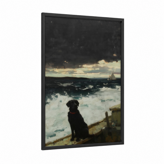 Coastal Retriever framed art print — black wood frame — black and gray and white palette