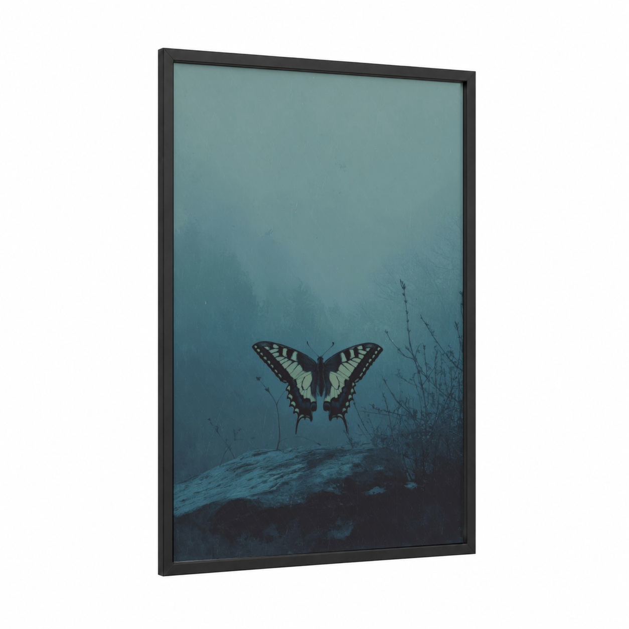 Misty Butterfly framed art print — black wood frame — teal and dark blue palette