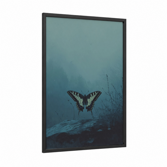 Misty Butterfly framed art print — black wood frame — teal and dark blue palette