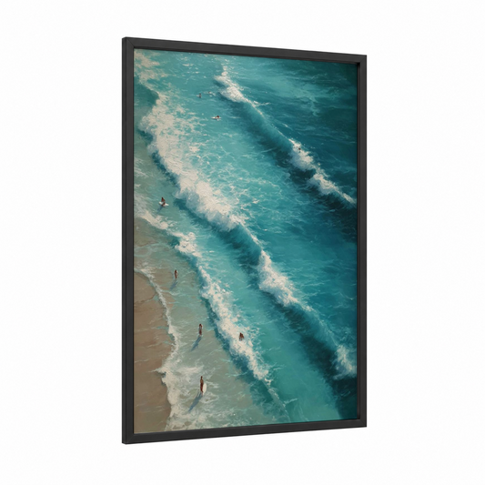 Turquoise Wave Surfers framed seascapes and ocean print — black wood frame — turquoise and white palette