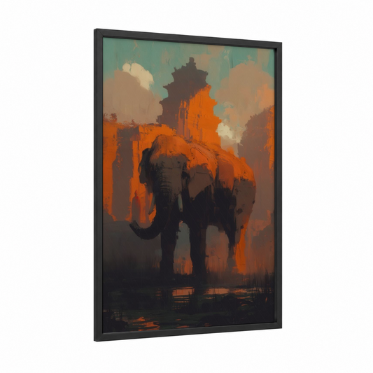 Amber Temple Elephant framed asian elephant print — black wood frame — orange and teal palette