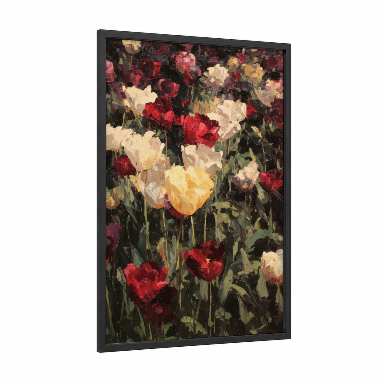 Crimson Tulip Garden framed art print — black wood frame — red and cream palette