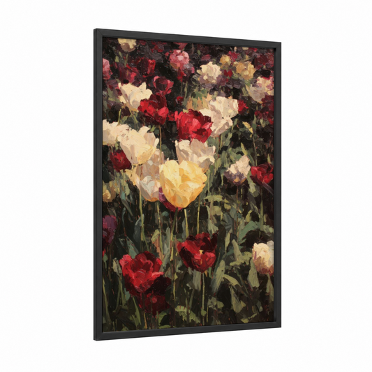 Crimson Tulip Garden framed art print — black wood frame — red and cream palette