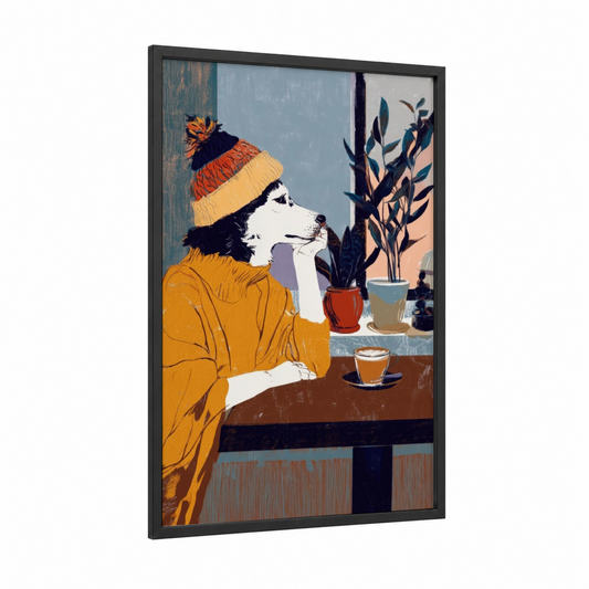 Cozy Husky framed art print — black wood frame — mustard and blue palette