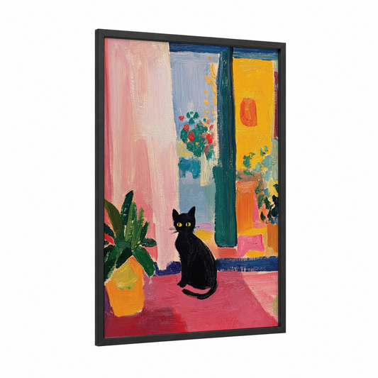 Colorful Room Cat framed art print — black wood frame — magenta and yellow gold palette