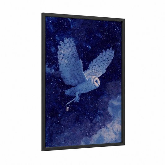 Celestial Owl framed magic and witchcraft print — black wood frame — blue and white palette
