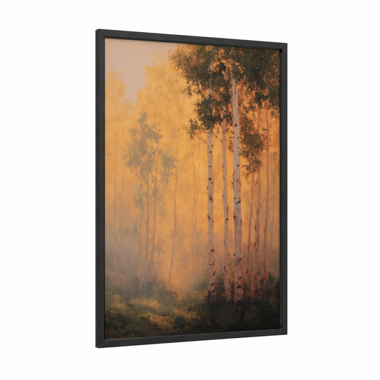 Golden Aspen Forest framed art print — black wood frame — yellow gold and cream palette