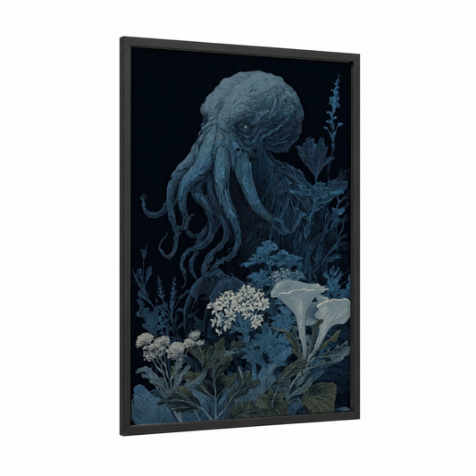 Abyssal Cthulhu framed art print — black wood frame — blue and black and white palette