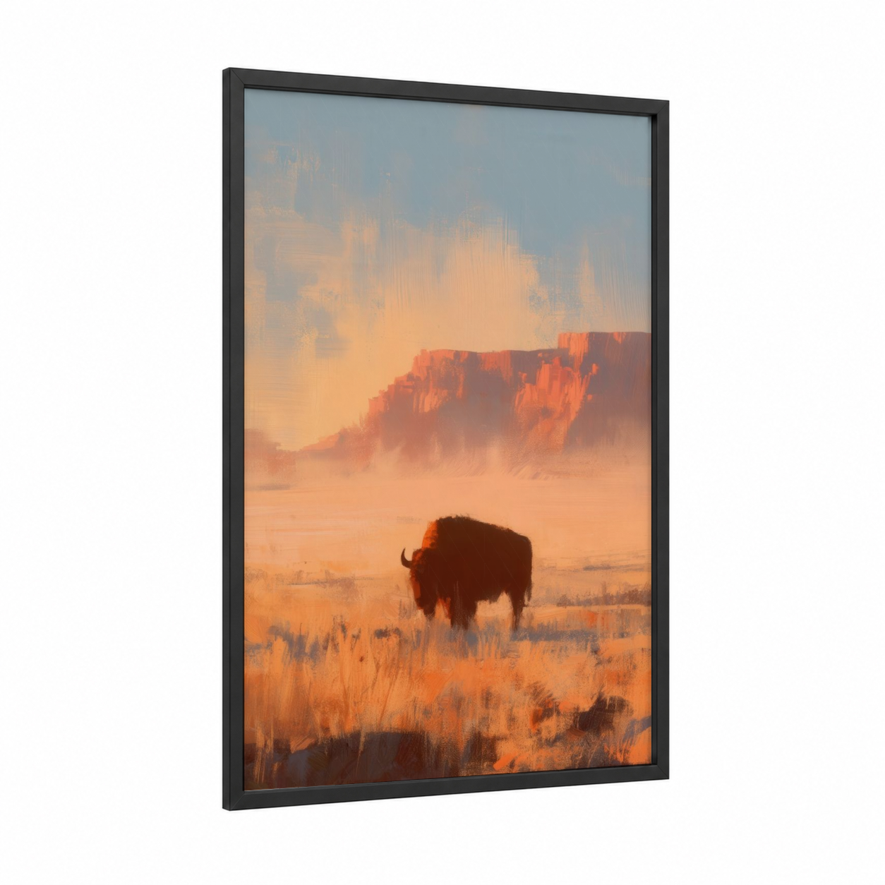 Desert Bison framed art print — black wood frame — orange and gold palette