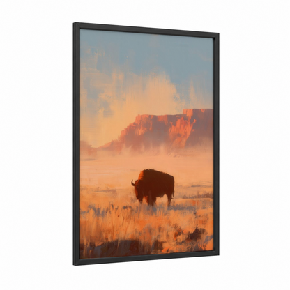 Desert Bison framed art print — black wood frame — orange and gold palette