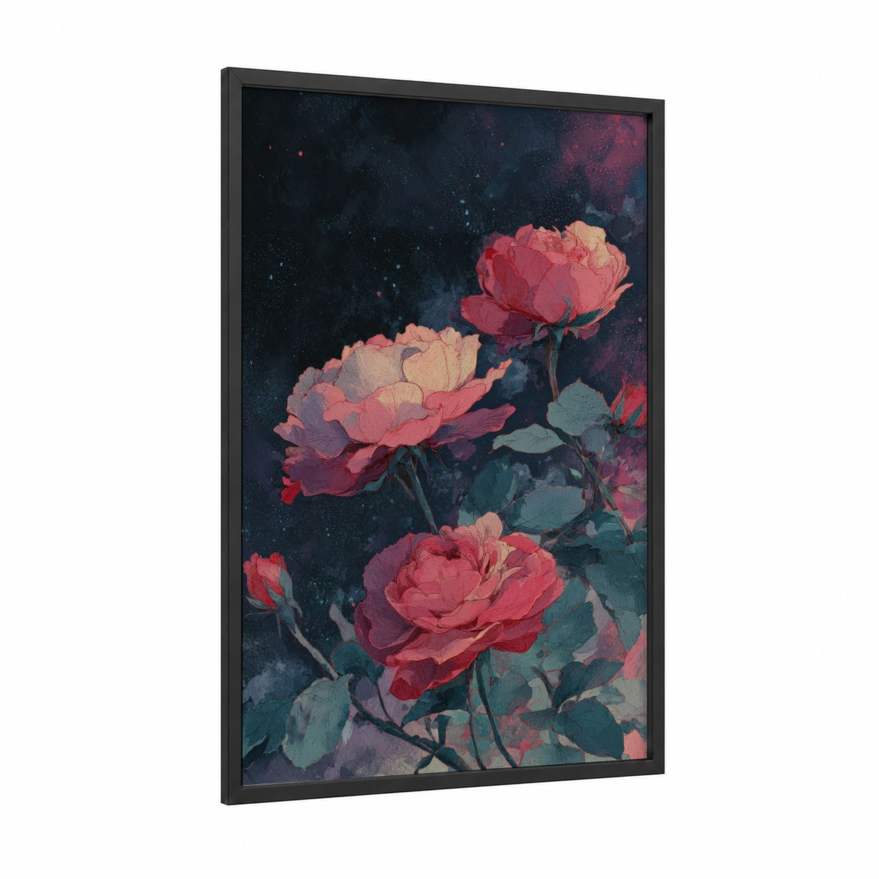 Cosmic Roses framed art print — black wood frame — rose gold and dark blue palette
