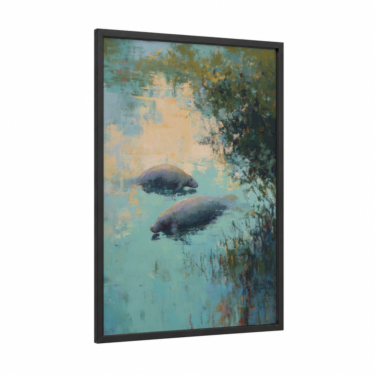 Tranquil Manatees framed art print — black wood frame — teal and gold palette