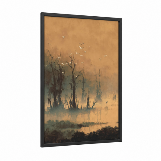 Misty Mangrove framed art print — black wood frame — nobel and gold palette