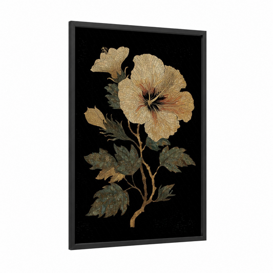 Golden Hibiscus framed art print — black wood frame — gold and black and gold palette
