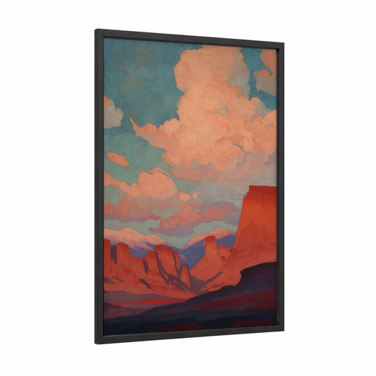 Desert Dusk framed dune print — black wood frame — peach and blue and gold palette