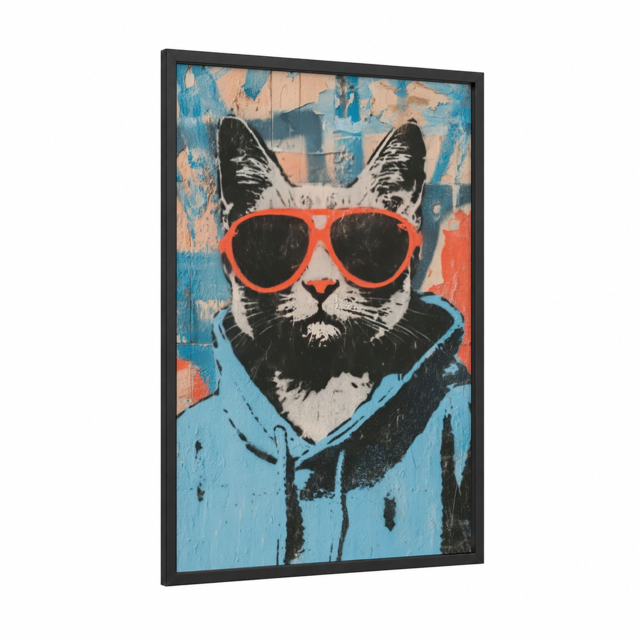 Cool Cat Vibes framed art print — black wood frame — blue and orange palette