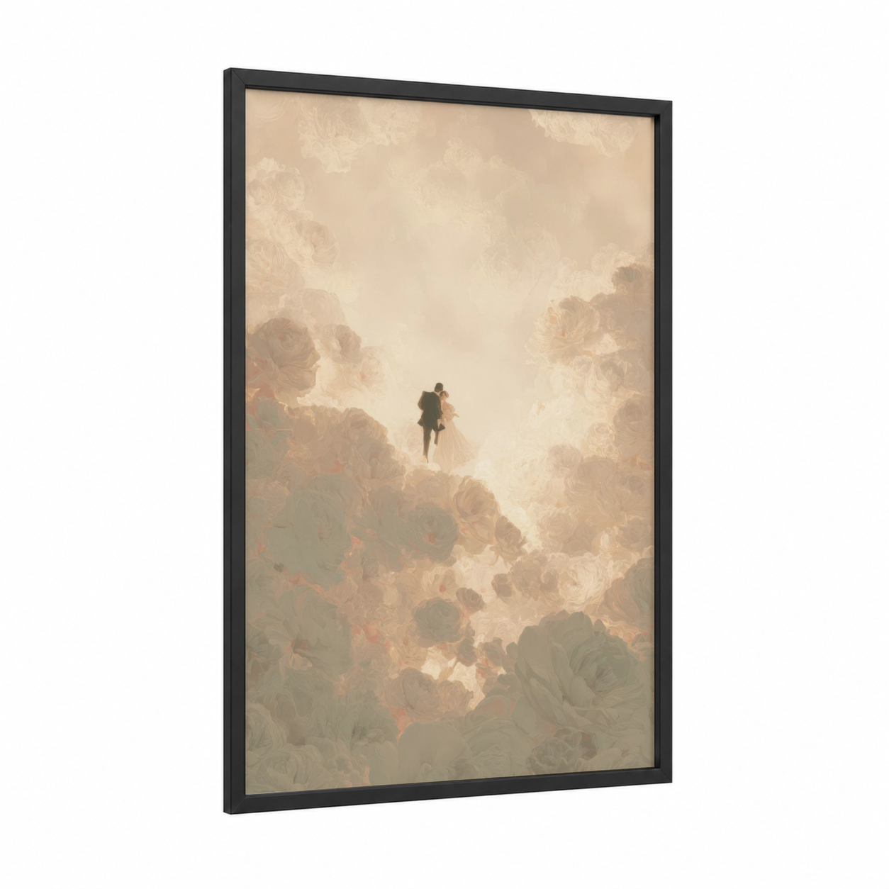 Heavenly Embrace framed groom and bride print — black wood frame — cream and peach palette