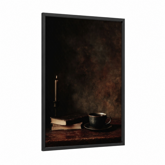Candlelit Tea Moment framed art print — black wood frame — black and brown palette