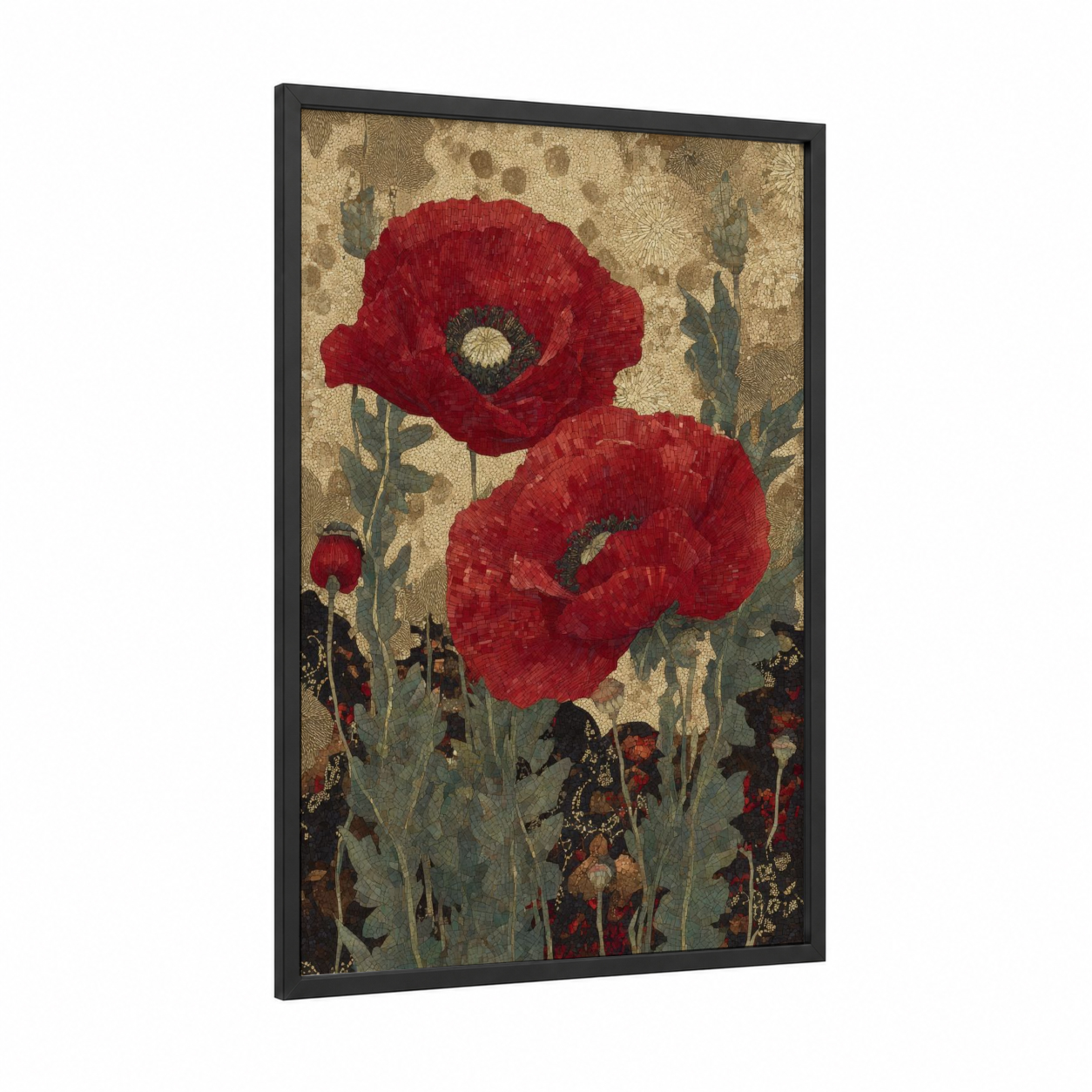 Crimson Poppies framed art print — black wood frame — red and cream palette