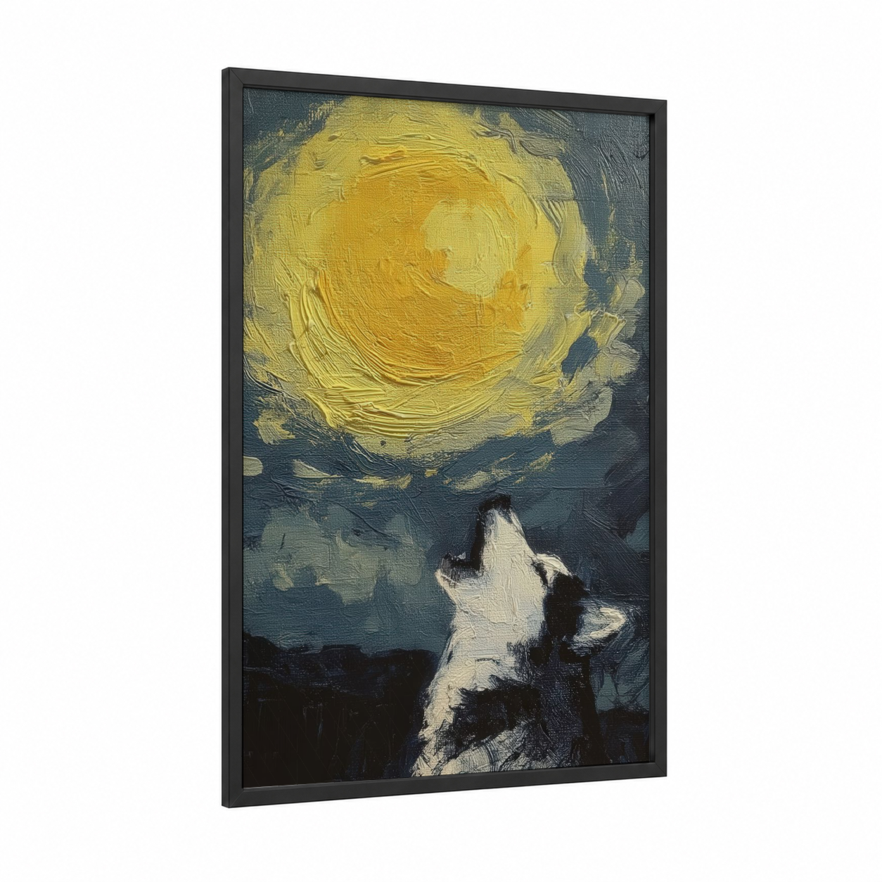 Moonlit Husky framed art print — black wood frame — yellow gold and dark blue palette