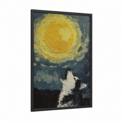 Moonlit Husky framed art print — black wood frame — yellow gold and dark blue palette