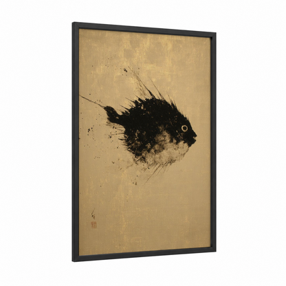 Spiky Puffer Fish framed art print — black wood frame — black and white and gold palette