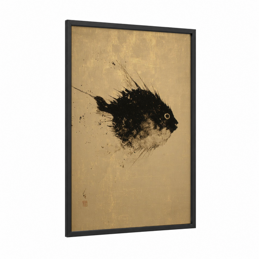 Spiky Puffer Fish framed art print — black wood frame — black and white and gold palette