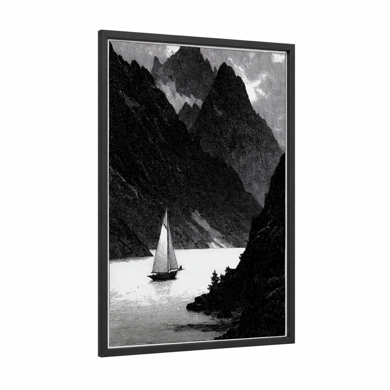 Mountain Passage Sailboat framed sailing ship print — black wood frame — black and white palette