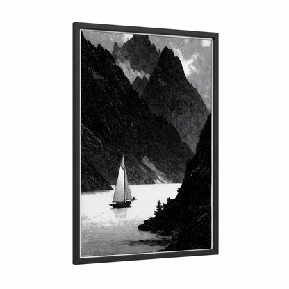 Mountain Passage Sailboat framed sailing ship print — black wood frame — black and white palette
