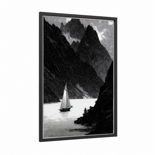 Mountain Passage Sailboat framed sailing ship print — black wood frame — black and white palette