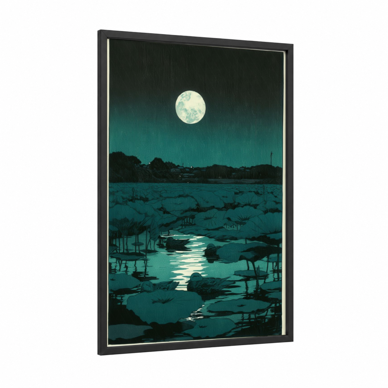 Moonlit Ducks framed art print — black wood frame — teal and black palette