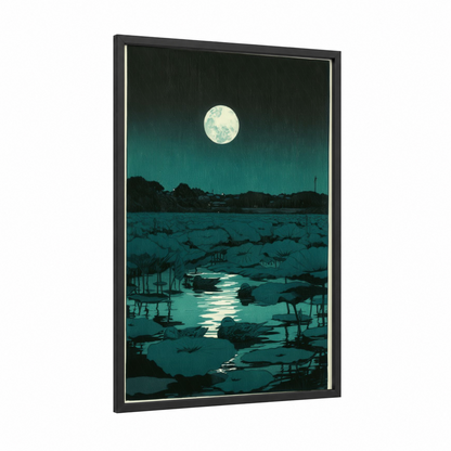Moonlit Ducks framed art print — black wood frame — teal and black palette