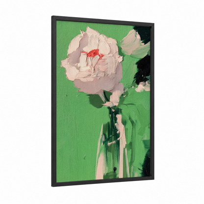 Soft Peony Green framed abstract flower print — black wood frame — green and pink palette