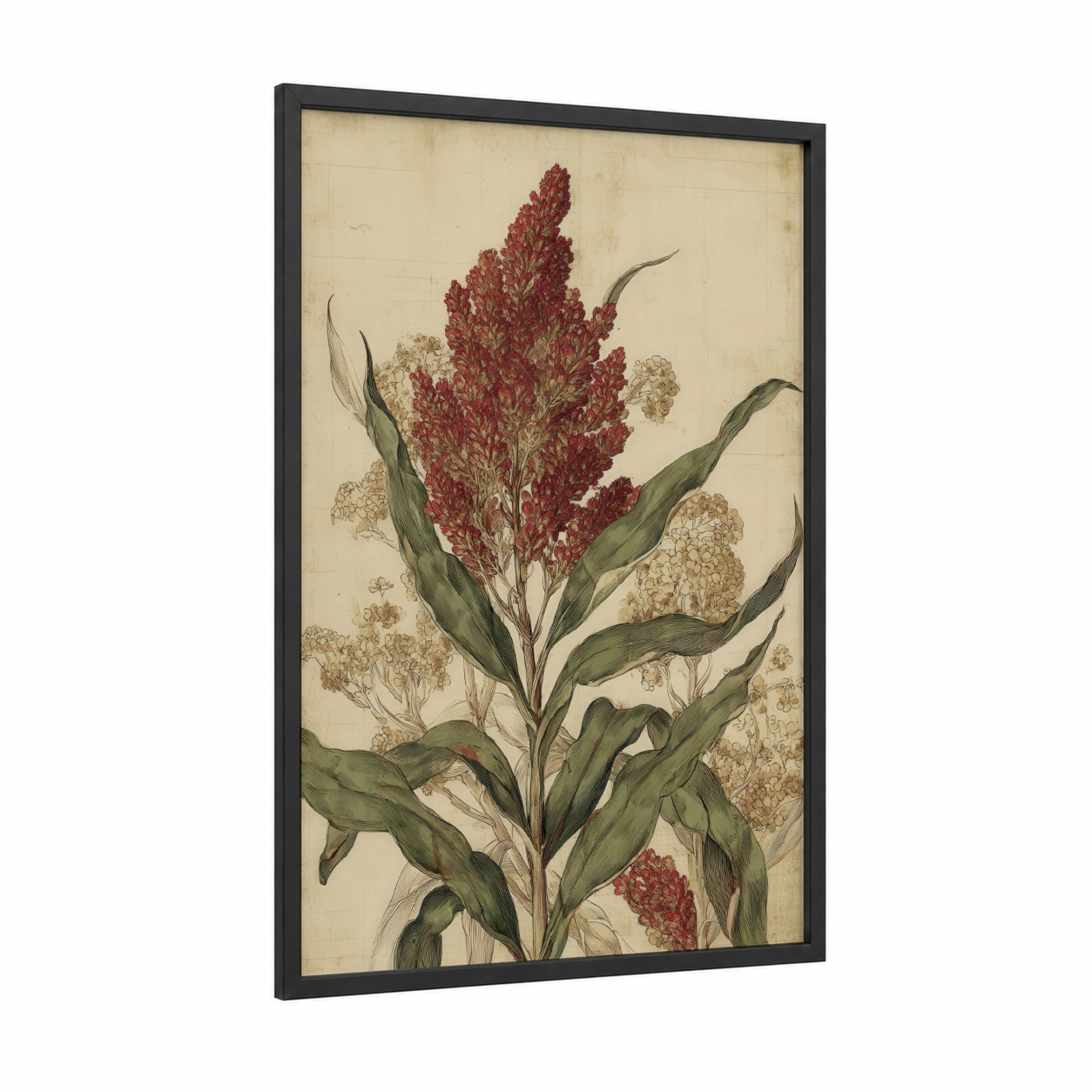 Crimson Cannabis Botanical framed art print — black wood frame — maroon and sage green palette