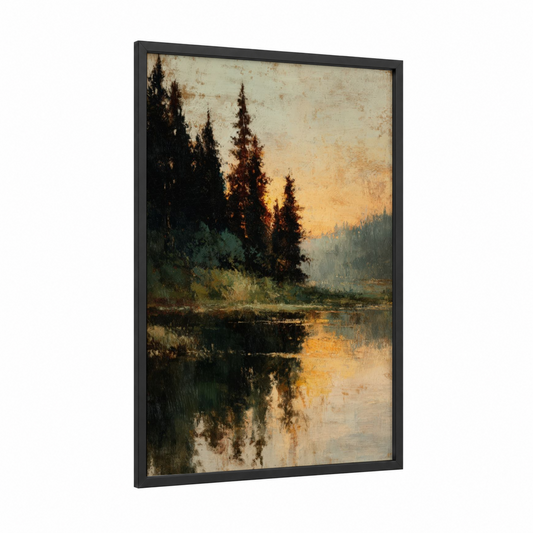 Misty Pine Reflection framed pine forest print — black wood frame — gold and black palette