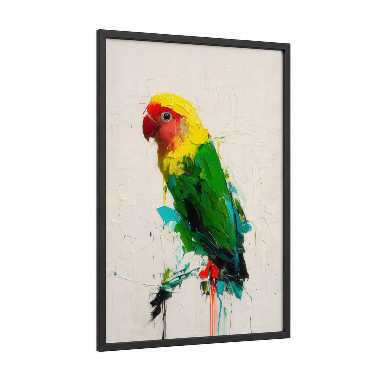 Colorful Parrot framed safari parrots print — black wood frame — red and yellow palette