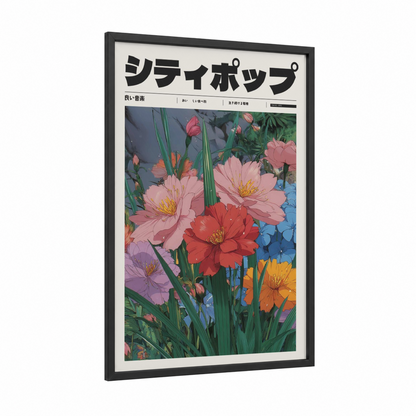 Shoji Pop Flowers framed anime and manga print — black wood frame — pink and green palette