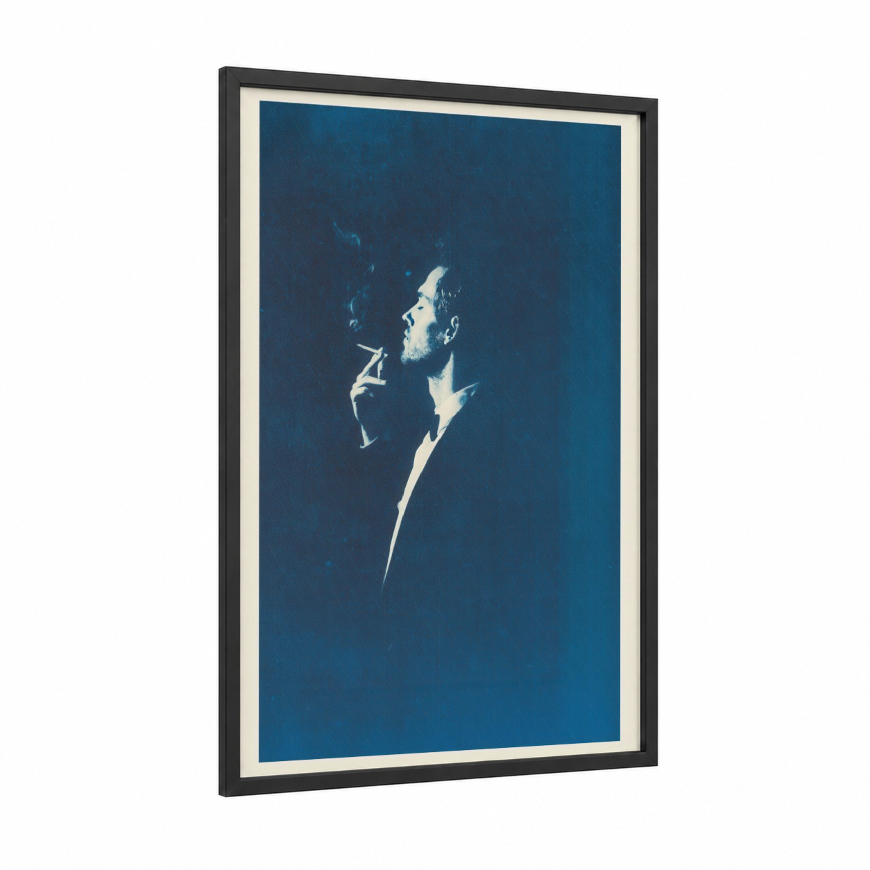 Contemplative Profile framed abstract classic print — black wood frame — dark blue and white palette