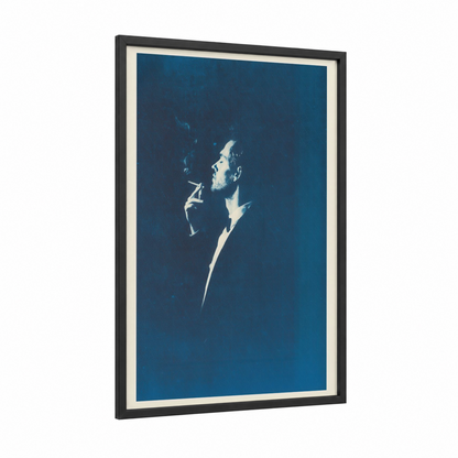 Contemplative Profile framed abstract classic print — black wood frame — dark blue and white palette