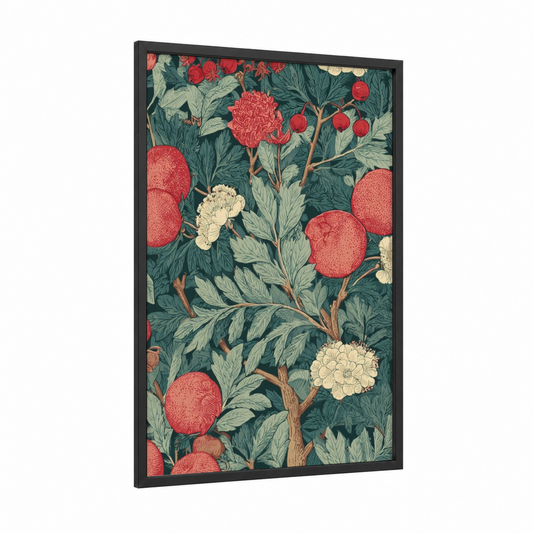 Festive Pomegranate Garden framed may day print — black wood frame — red and teal palette