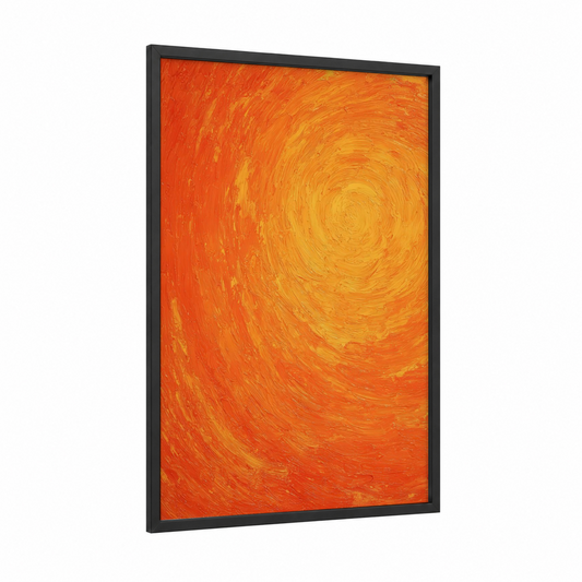 Radiant Solar Vortex framed the sun print — black wood frame — orange and yellow gold palette