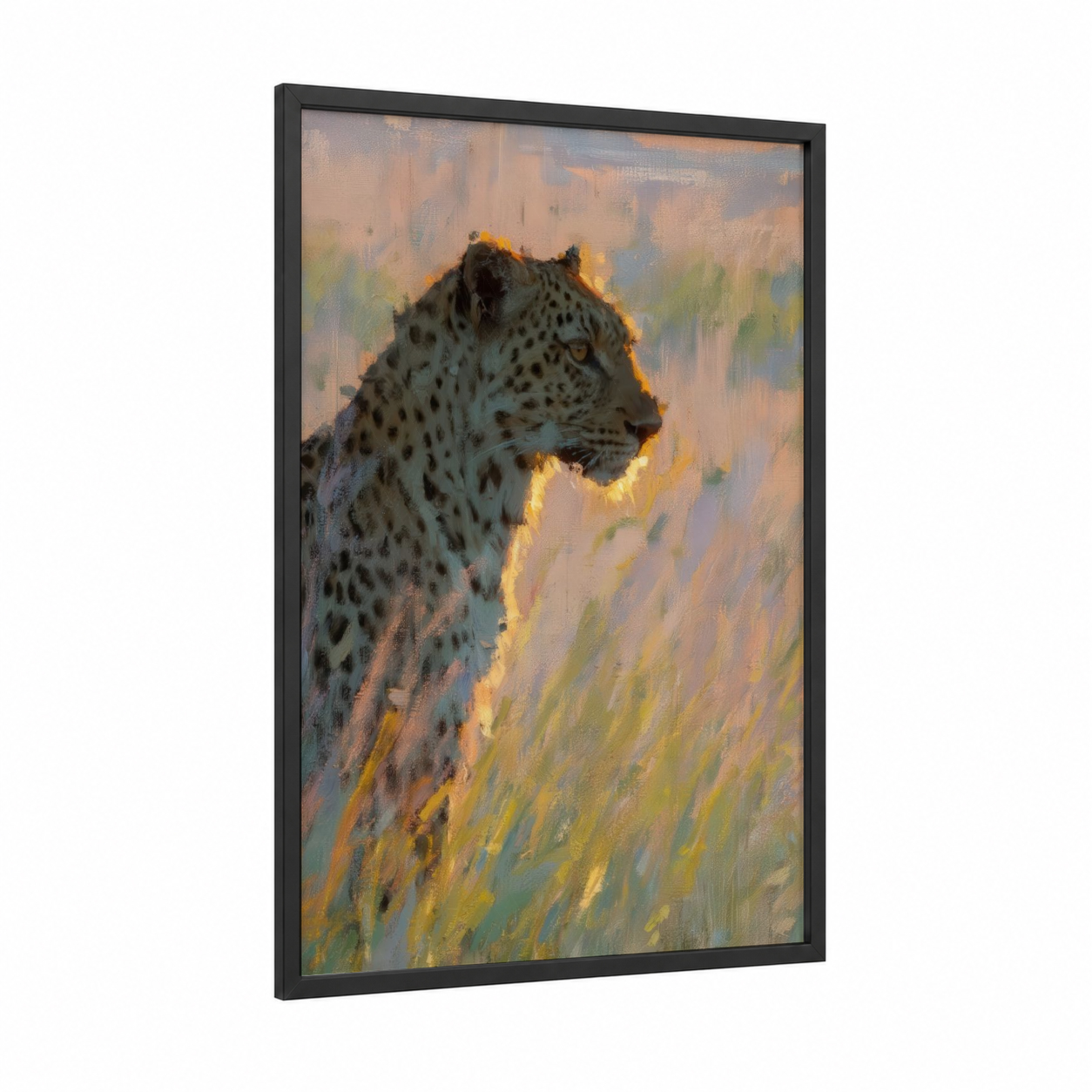 Golden Hour Leopard framed art print — black wood frame — gold and sage green palette