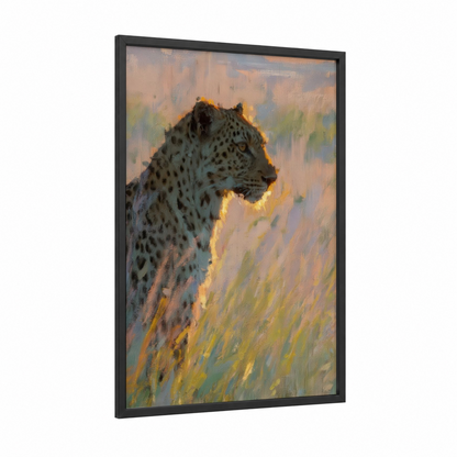 Golden Hour Leopard framed art print — black wood frame — gold and sage green palette